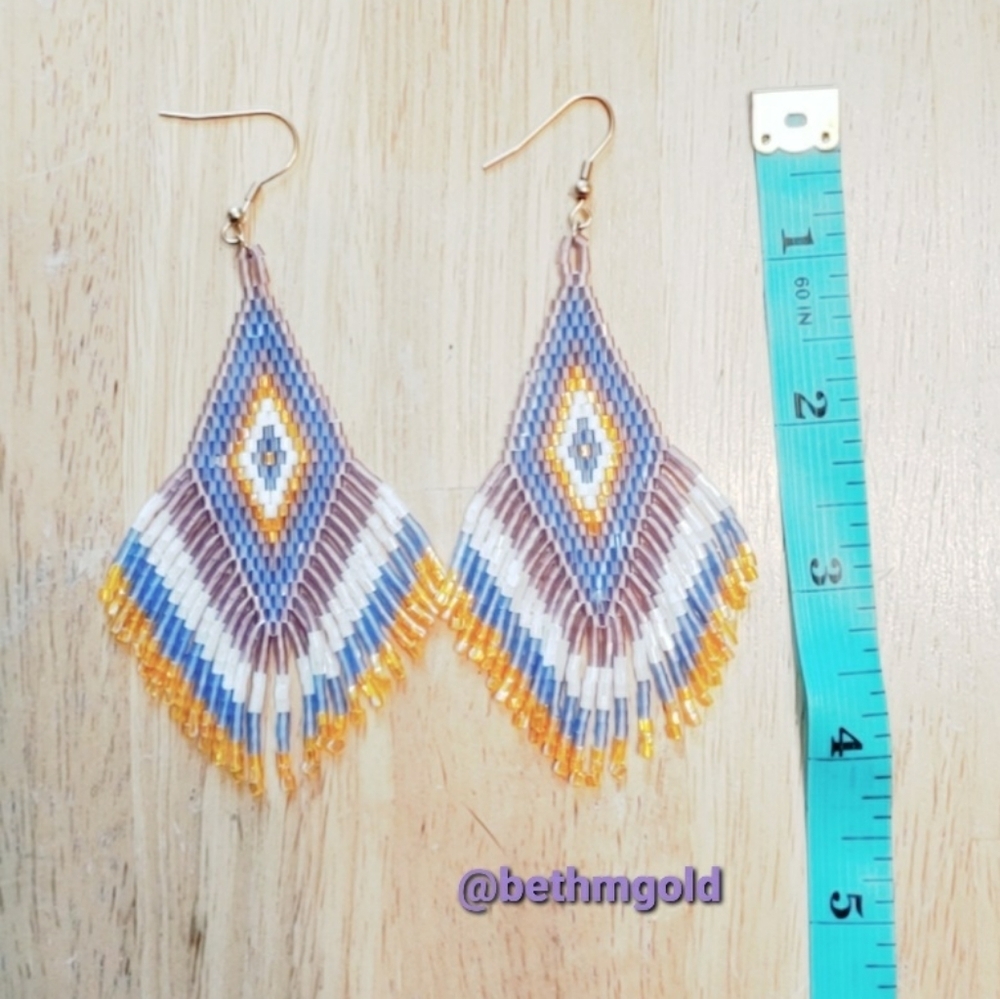 Beaded Earrings Blue Yellow/Gold & White Miyuki Rice Beads - Picture 2 of 7
